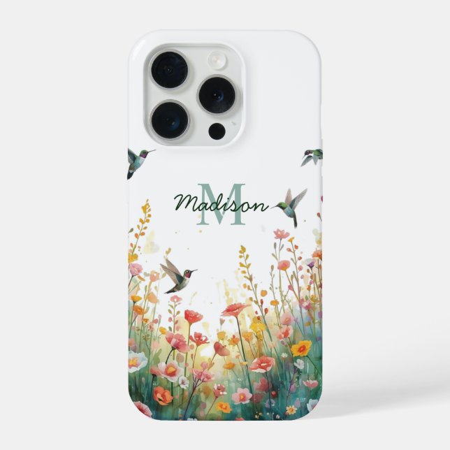 Spring Watercolor Birds Floral Monogram Wildflower iPhone Case (Back)