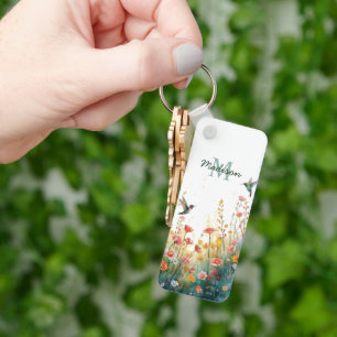 Spring Watercolor Birds Floral Monogram Wildflower Key Ring