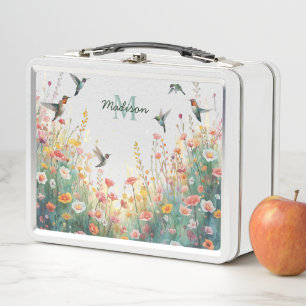 Spring Watercolor Birds Floral Monogram Wildflower Metal Lunch Box
