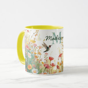 Spring Watercolor Birds Floral Monogram Wildflower Mug