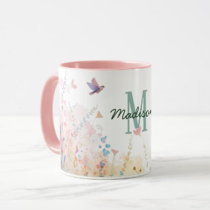 Spring Watercolor Birds Floral Monogram Wildflower Mug
