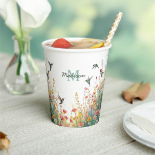 Spring Watercolor Birds Floral Monogram Wildflower Paper Cups