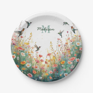 Spring Watercolor Birds Floral Monogram Wildflower Paper Plate