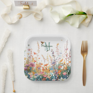 Spring Watercolor Birds Floral Monogram Wildflower Paper Plate