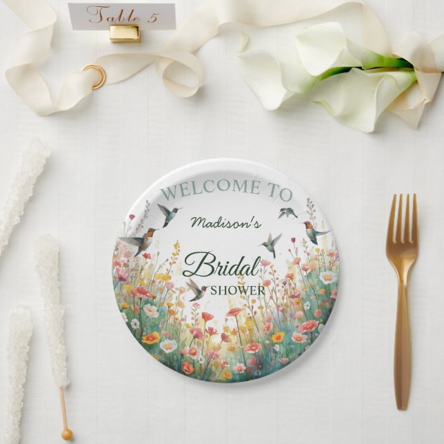 Spring Watercolor Birds Floral Monogram Wildflower Paper Plate (Wedding)