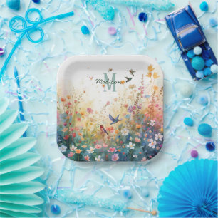 Spring Watercolor Birds Floral Monogram Wildflower Paper Plate