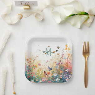Spring Watercolor Birds Floral Monogram Wildflower Paper Plate