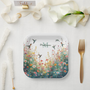Spring Watercolor Birds Floral Monogram Wildflower Paper Plate