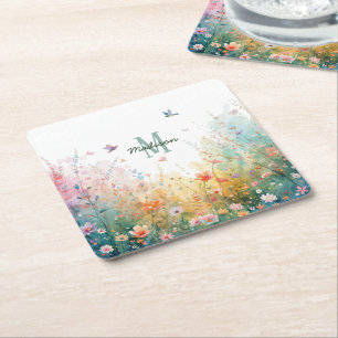 Spring Watercolor Birds Floral Monogram Wildflower Square Paper Coaster