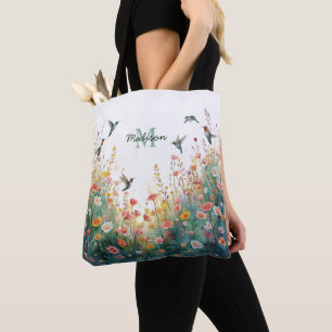 Spring Watercolor Birds Floral Monogram Wildflower Tote Bag