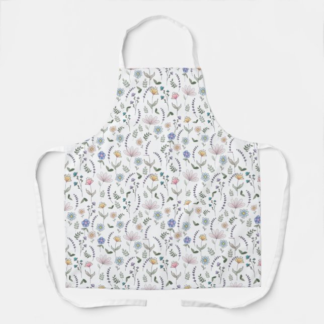 Spring Watercolor Doodle Flowers Apron (Front)