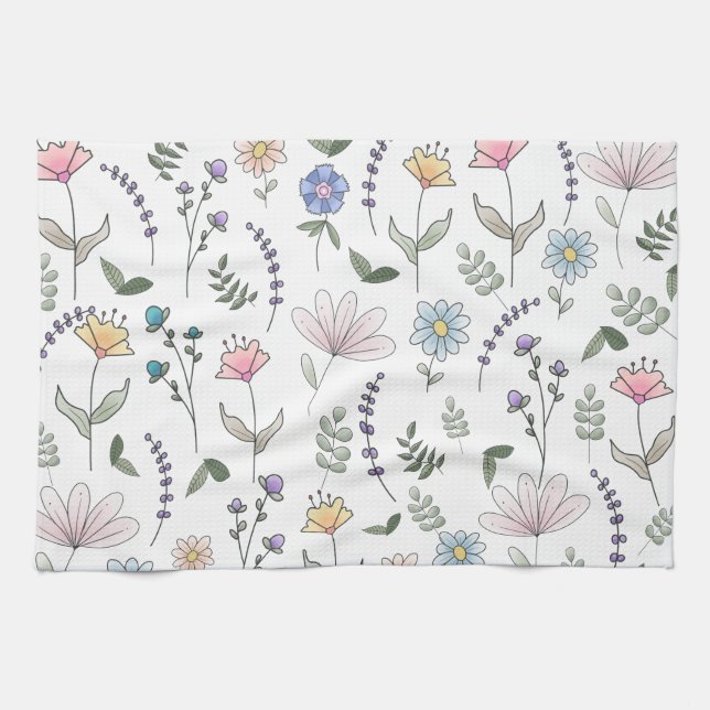 Spring Watercolor Doodle Flowers Tea Towel (Horizontal)