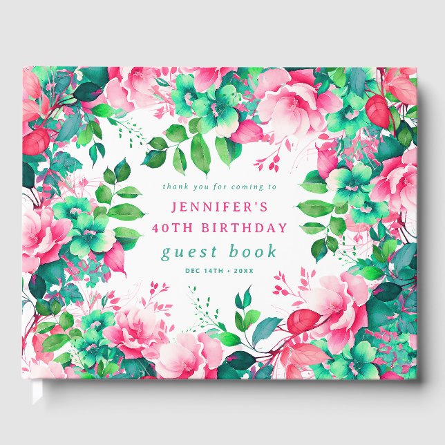 Spring Watercolor Floral 40th Birthday Guest Book (Front)