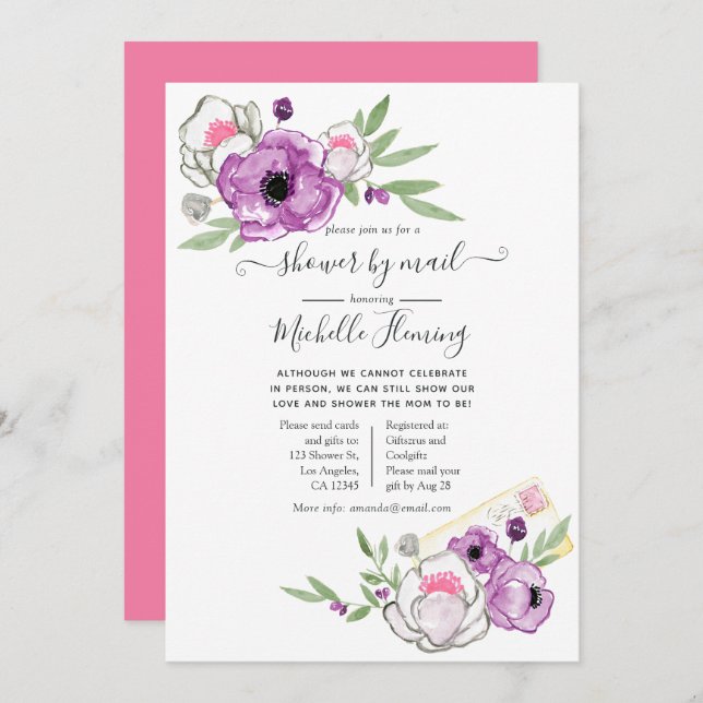 Spring Watercolor Floral Baby Shower by Mail Invitation (Front/Back)