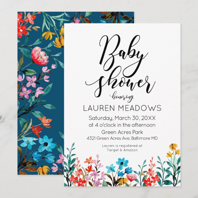 Spring Watercolor Floral Baby Shower Invitation (Front/Back)