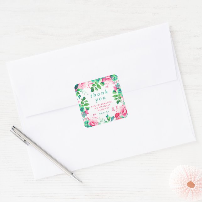 Spring Watercolor Floral Birthday Thank You  Square Sticker (Envelope)