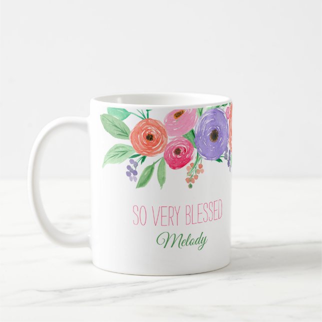 Spring Watercolor Floral Blessed Custom Coffee Mug (Left)