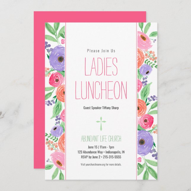 Spring Watercolor Floral Ladies Church Luncheon Invitation (Front/Back)