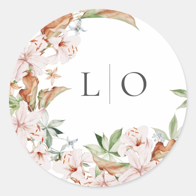 Spring Watercolor Floral Monogram Wedding Classic Round Sticker (Front)
