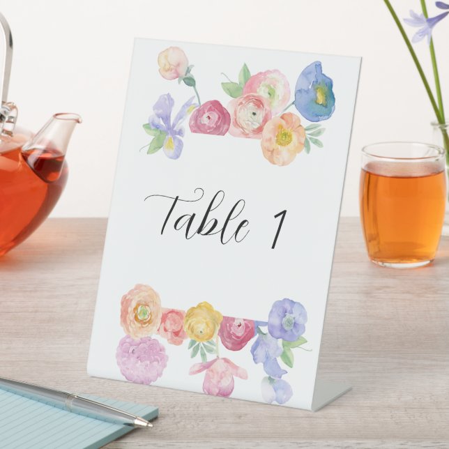 Spring Watercolor Floral Table Number Pedestal Sign (In SItu)