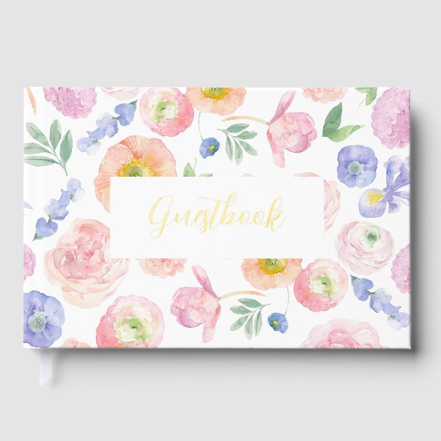 Spring Watercolor Floral Wedding Guest Book (Front)