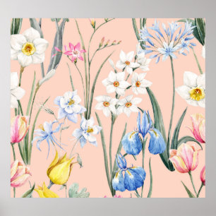 Spring watercolor florals, retro wallpaper. poster
