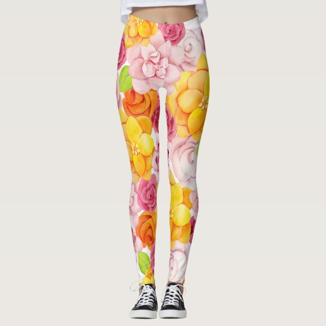 Spring Watercolor Flowers Leggings (Front)