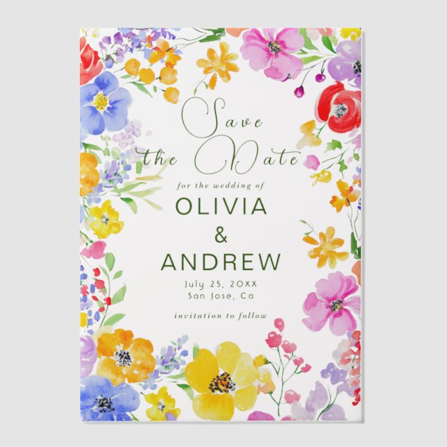 Spring Watercolor Flowers Wedding Save the Date Vellum Invitations (Front)