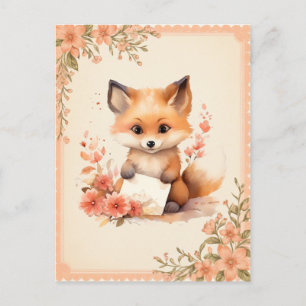 Spring Watercolor Fox holding a letter -  Postcard