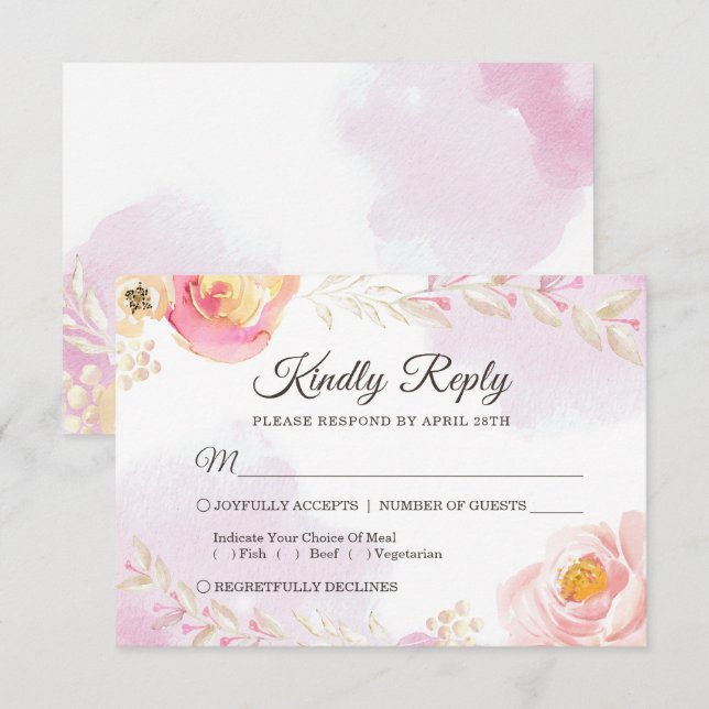 Spring Watercolor Girly Pink & Gold Wedding RSVP Card (Front/Back)