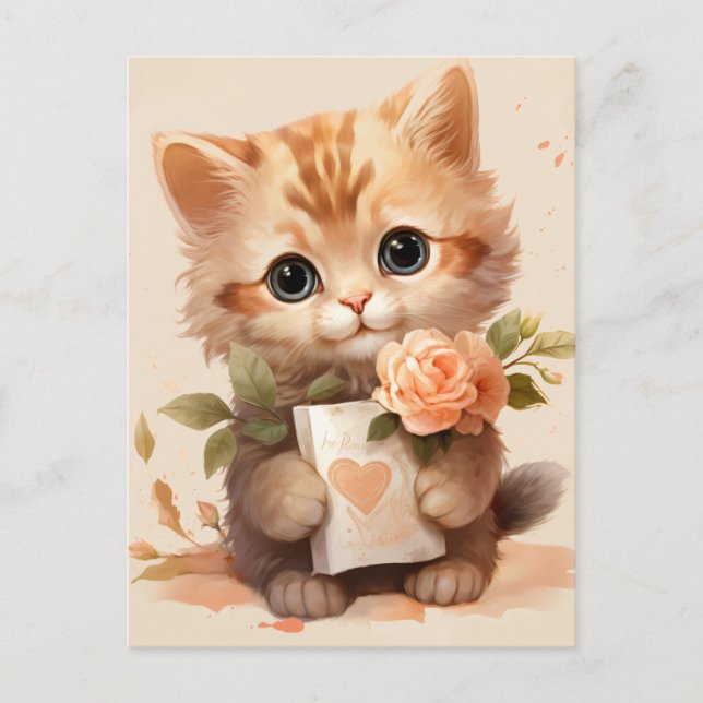 Spring Watercolor Kitten holding a letter -  Postcard (Front)