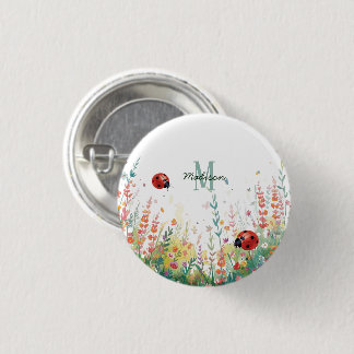 Spring Watercolor ladybug Floral Monogram Wildflow 3 Cm Round Badge