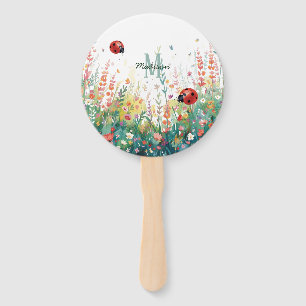 Spring Watercolor ladybug Floral Monogram Wildflow Hand Fan