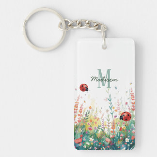 Spring Watercolor ladybug Floral Monogram Wildflow Key Ring