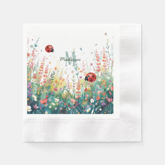 Spring Watercolor ladybug Floral Monogram Wildflow Napkin (Front)