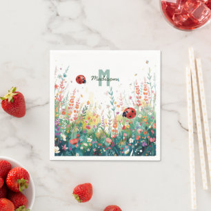 Spring Watercolor ladybug Floral Monogram Wildflow Napkin