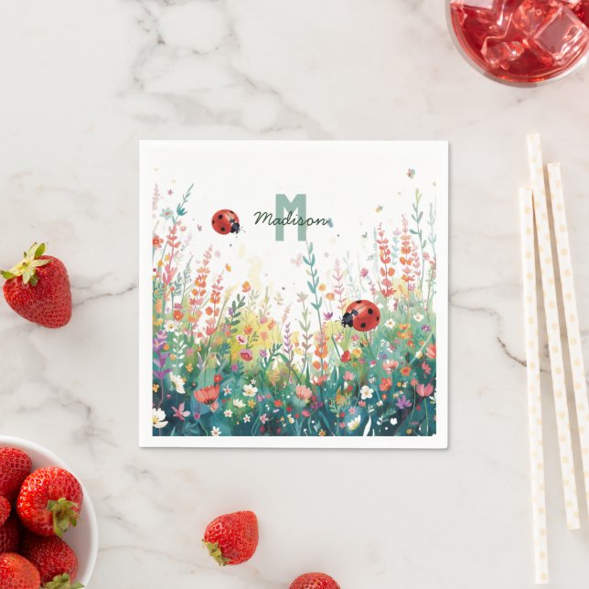 Spring Watercolor ladybug Floral Monogram Wildflow Napkin (Insitu)