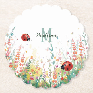 Spring Watercolor ladybug Floral Monogram Wildflow Paper Coaster