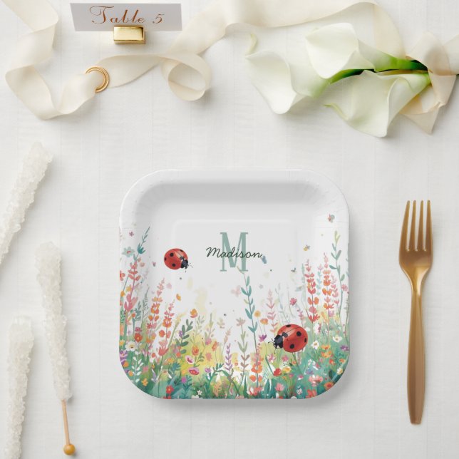 Spring Watercolor ladybug Floral Monogram Wildflow Paper Plate (Wedding)