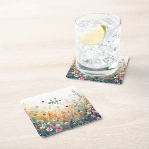 Spring Watercolor ladybug Floral Monogram Wildflow Square Paper Coaster