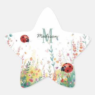 Spring Watercolor ladybug Floral Monogram Wildflow Star Sticker