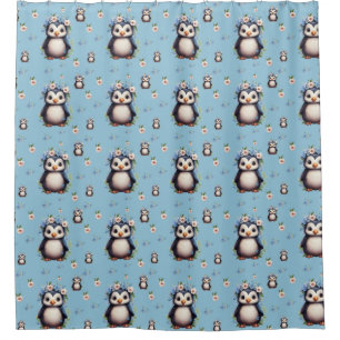 Spring Watercolor Penguins with Flowers in Blue Shower Curtain