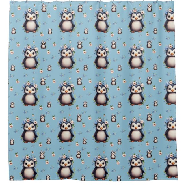 Spring Watercolor Penguins with Flowers in Blue Shower Curtain (Front)
