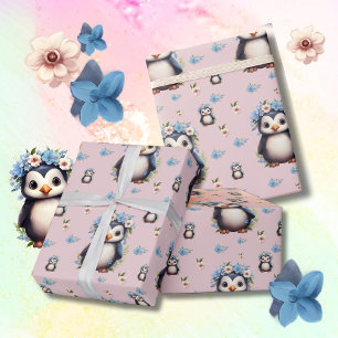 Spring Watercolor Penguins with Flowers in Pink Wrapping Paper