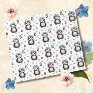 Spring Watercolor Penguins with Flowers in White Fleece Blanket