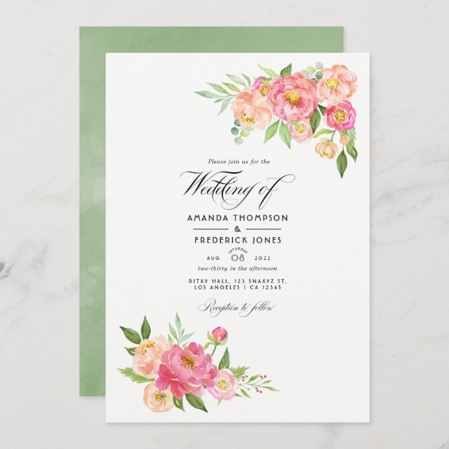 Spring Watercolor Peonies Wedding Photo Invitation (Front/Back)