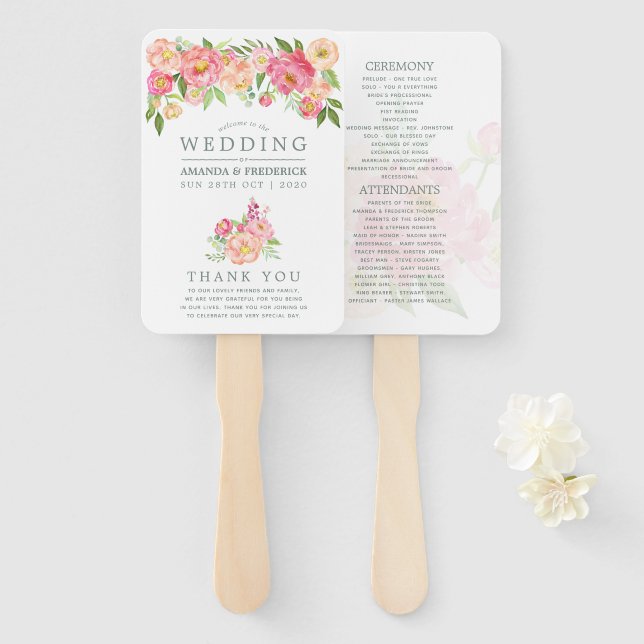 Spring Watercolor Peonies Wedding Program Hand Fan (Front and Back)