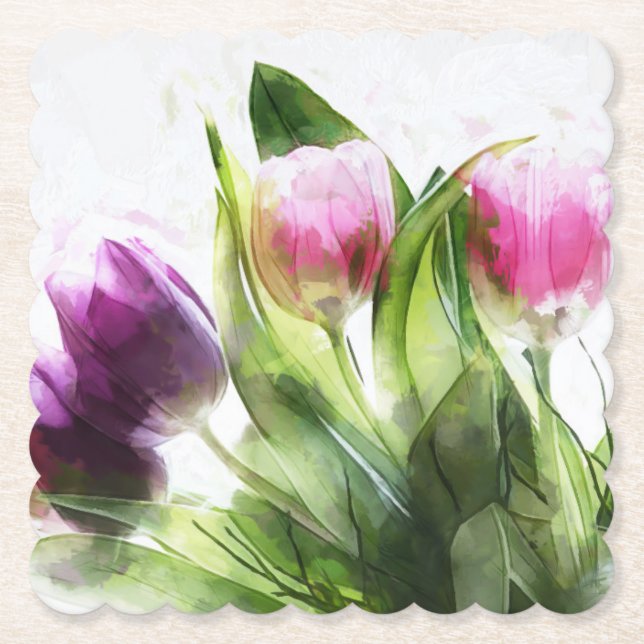 Spring Watercolor Purple Flowers Paper Coaster (Front)
