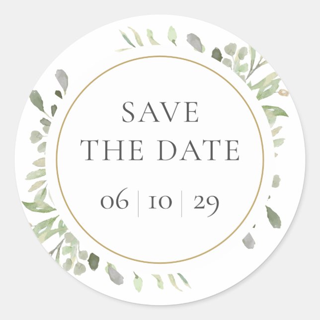Spring Watercolour Greenery Leaves Save the Date Classic Round Sticker (Front)