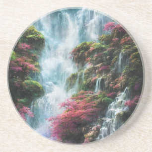 Spring Waterfall Mountain Pink Flowers 11 Coaster